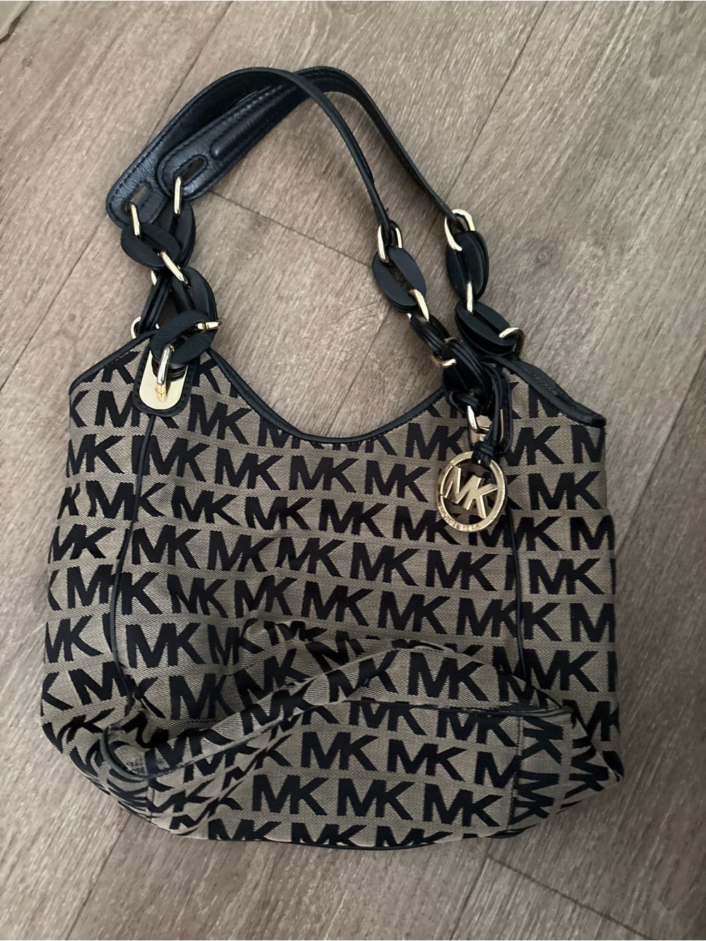 Michael Kors Beige and Black MK Logo Shoulder Bag with Gold Accent